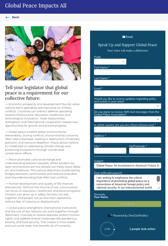 A live One Click Politics take-action form embedded on the Global Peace Association's own campaign page, with an AI-drafted letter ready to send