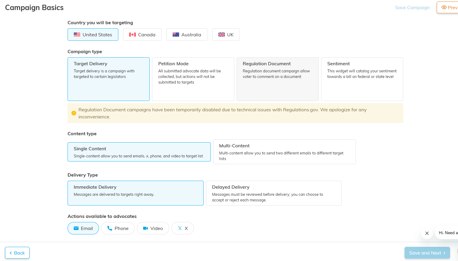 Corporate digital advocacy campaign builder in One Click Politics