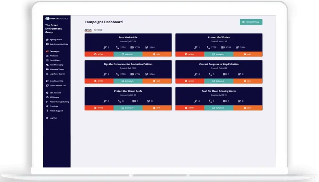 Compliance and governance dashboard for corporate advocacy in One Click Politics