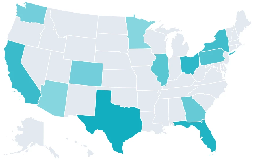 A United States map with states shaded by how many matching bills each has
