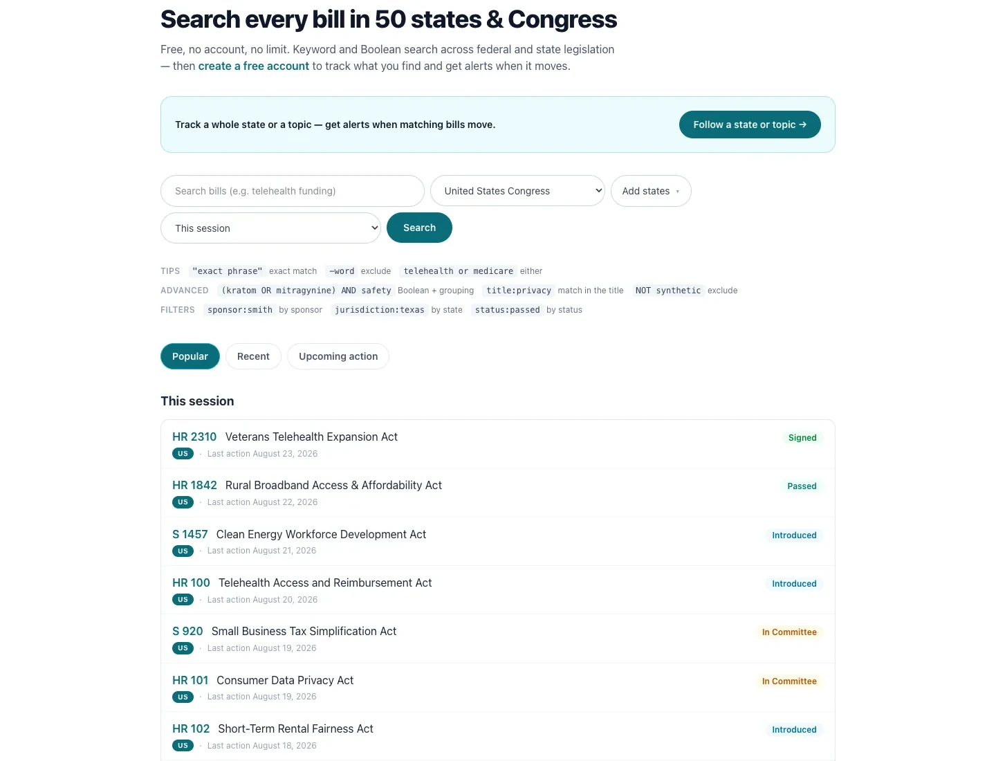 Bill Radar searching every bill in 50 states, D.C. and Congress, with Boolean operators and live bill statuses