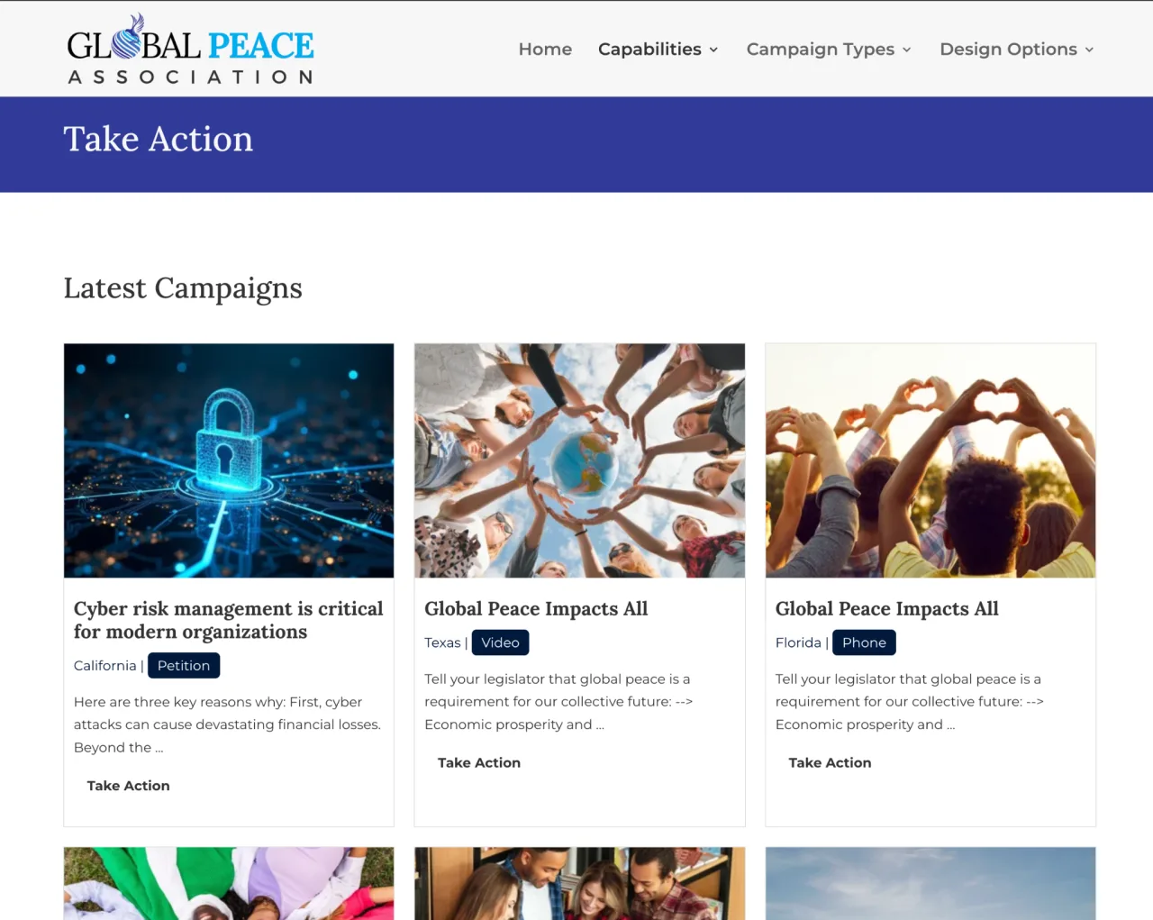 A live One Click Politics advocacy campaign page listing current campaigns to take action on