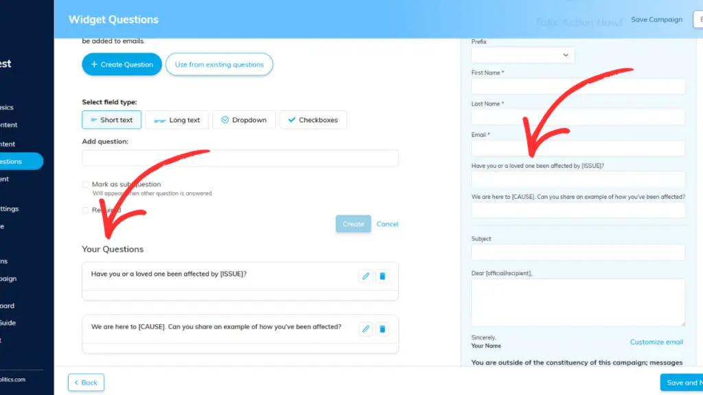Create custom widget questions with ease in One Click Politics